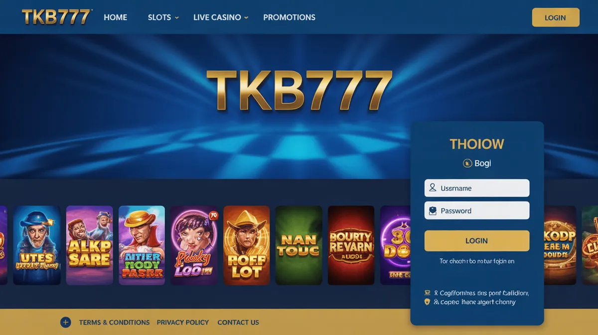 TKB777 เว็บสล็อตออนไลน์อันดับ 1 ในไทย หน้าจอหลักแสดงเกมสล็อตและระบบเข้าสู่ระบบ